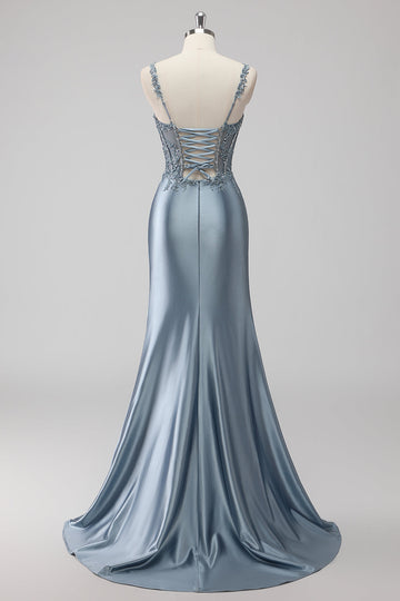Grey Blue Satin Corset Long Mermaid Sequin Formal Dress with Slit